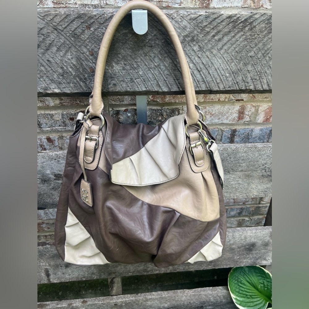 New York and Company, purse, shoulder bag, plum, and beige colored